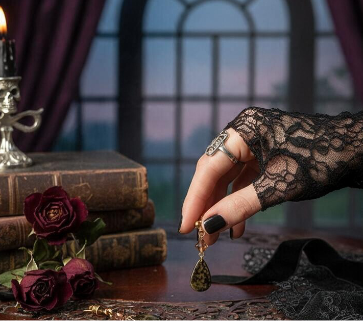 A hand wearing a black lace glove holds a small gothic-style teardrop pendant earring over an ornate dark wooden table. The scene includes stacked vintage books, a lit candle in a silver holder, dark red roses, black ribbon, and a large arched window in the background.