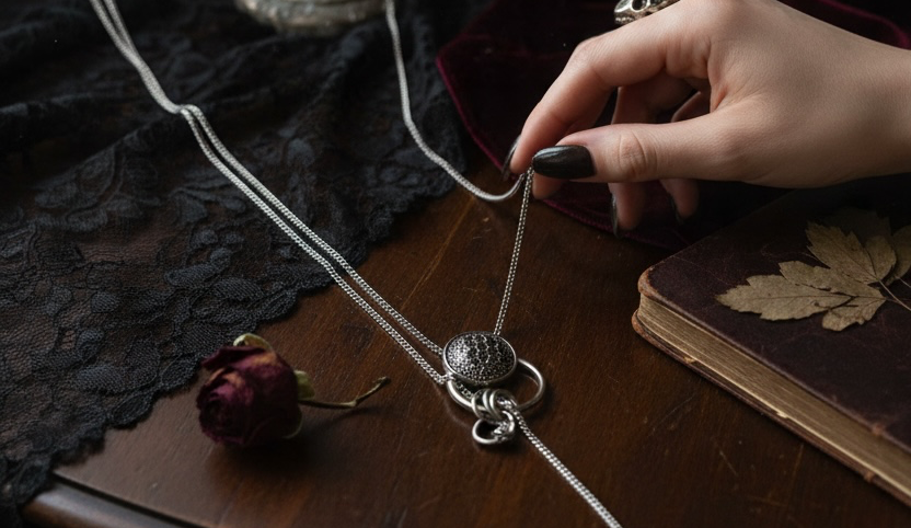 A silver gothic-style necklace with a spherical bead and chain loops is displayed on a dark wooden table next to a hand with black nail polish, alongside a candle holder, lace cloth, and a vintage book.