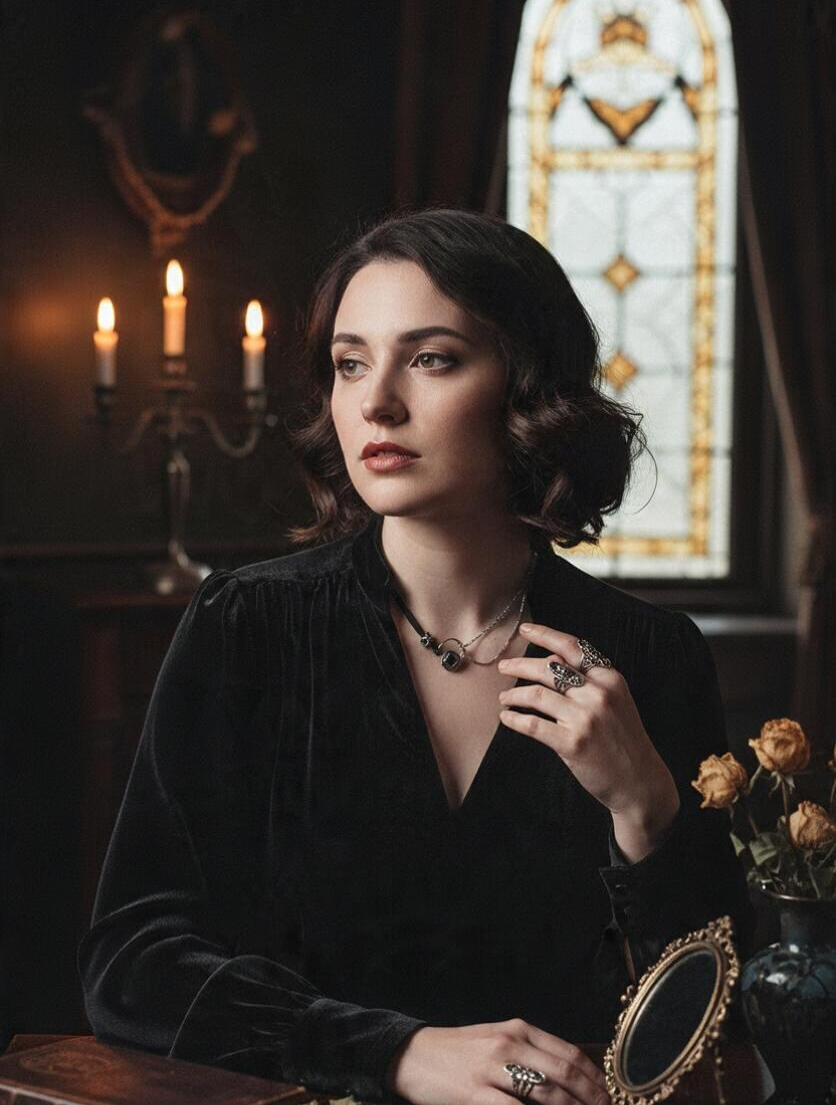 A woman in a dark Victorian-style gothic setting, wearing a black velvet top and jewellery, seated at a table with books, a mirror, and candles. 