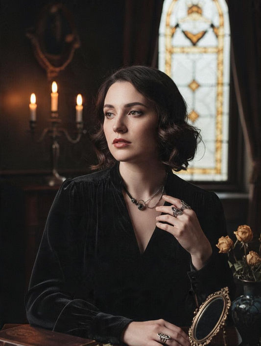 A woman in a dark Victorian-style gothic setting, wearing a black velvet top and jewellery, seated at a table with books, a mirror, and candles. 