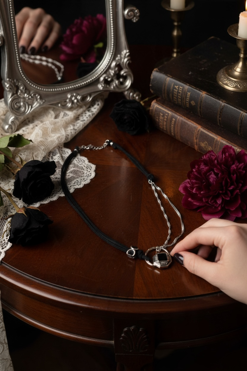 A gothic-style black suede and silver chain necklace with a silver ring charm, held by a hand over a dark wood table decorated with black roses, lace, and antique books.