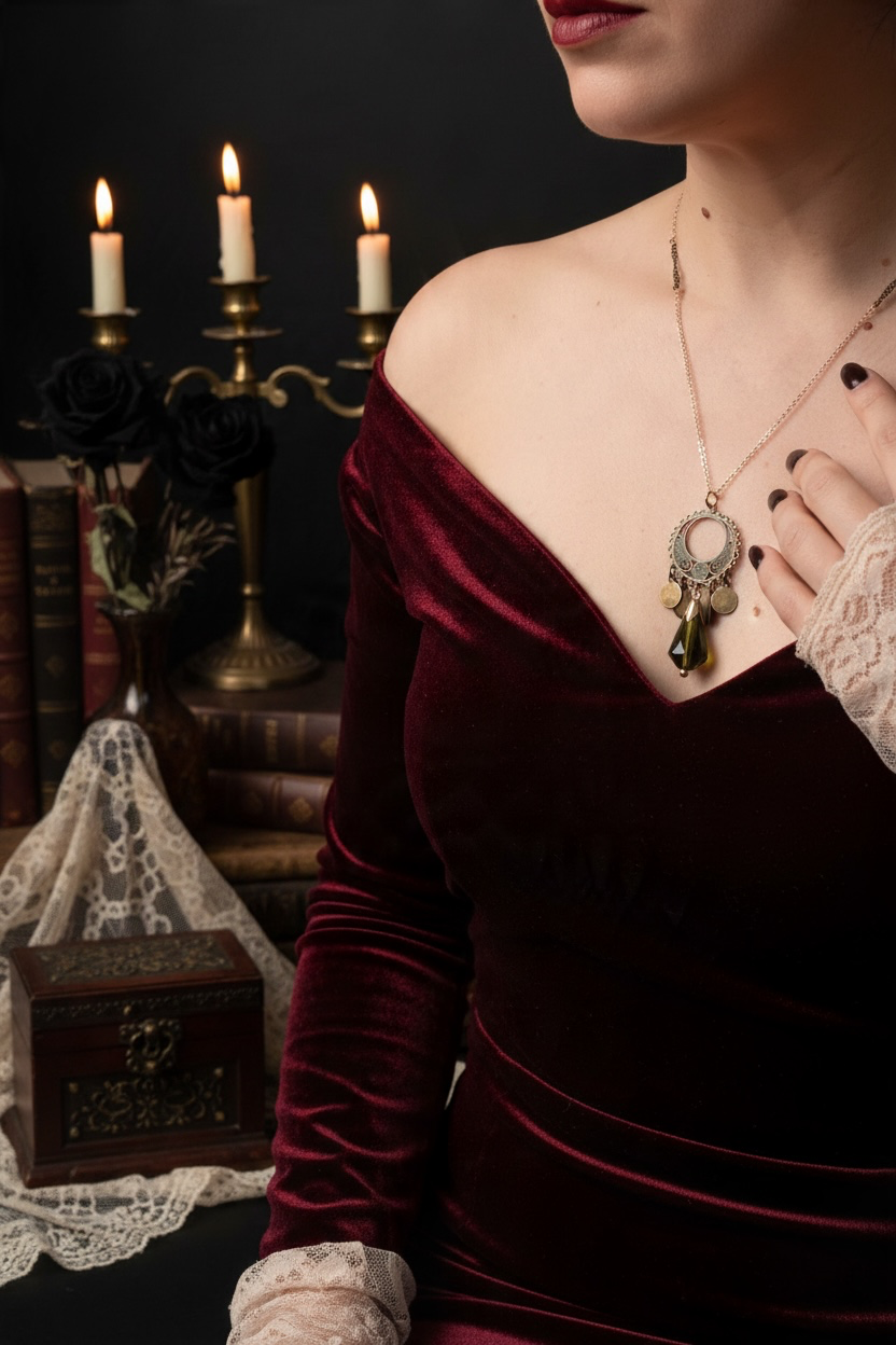 A woman wearing a deep burgundy velvet off-the-shoulder dress and a gold-toned pendant necklace, posed in a moody gothic setting with lit candles, books, and lace decor.