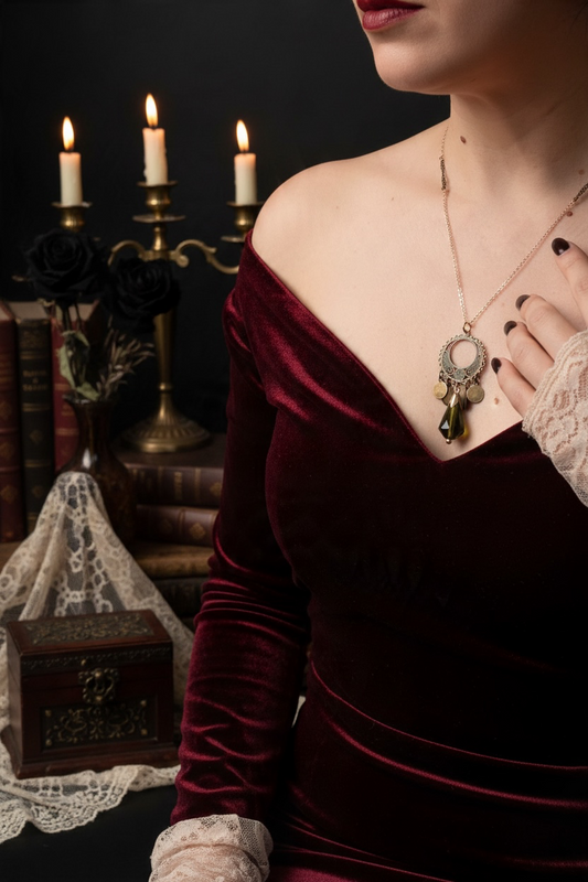 A woman wearing a deep burgundy velvet off-the-shoulder dress and a gold-toned pendant necklace, posed in a moody gothic setting with lit candles, books, and lace decor.