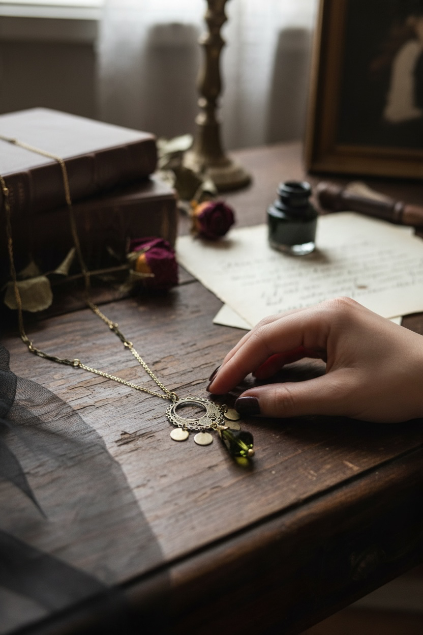A delicate gold necklace with circular charms and a small green bead pendant is being held by a hand with dark nail polish, resting on a rustic wooden desk surrounded by vintage books, paper, and dried flowers.