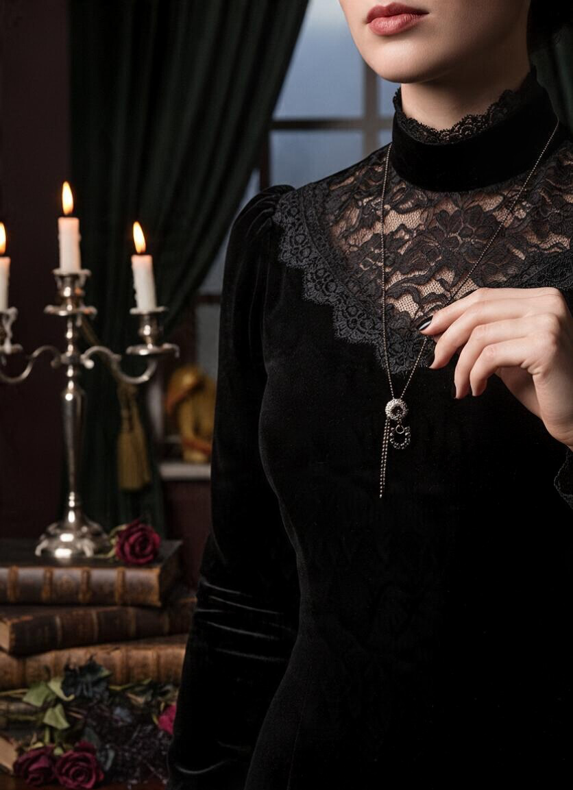 A close-up of a model wearing a black velvet Victorian-style dress with a lace mock neck and a gunmetal pendant necklace. The background is a dark, atmospheric room with lit candles, books, and dark drapery.