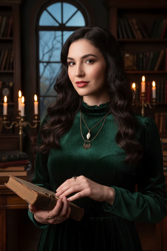 A woman with long, wavy dark hair stands in a candlelit library wearing a dark green velvet mock-neck dress, a layered bronze pendant necklace, and holding an antique book.