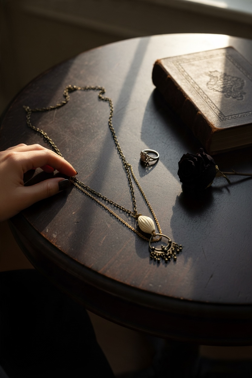 An antique-inspired necklace with an ivory lantern-shaped pendant, ornate bronze drop and layered gunmetal and gold-tone chains is styled on a dark wooden table with a vintage book and black rose.