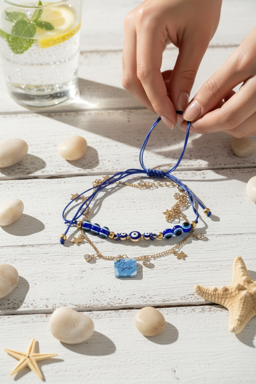 A set of blue and gold beaded anklets with a blue stone charm, styled on a white wooden surface with seashells, starfish, and a hand adjusting the top loop.
