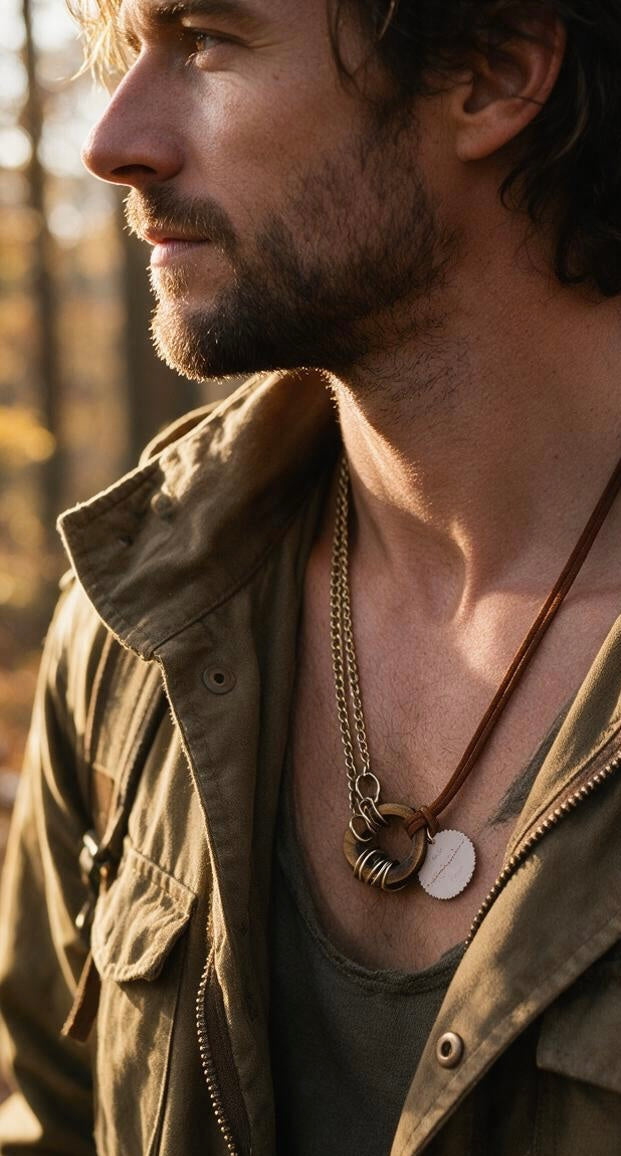 A man in a khaki jacket and green top wearing a layered gold and suede necklace, posed outdoors with autumn trees in the background.
