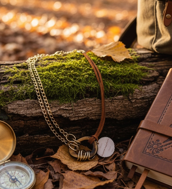 A rustic pendant necklace with a dark tan suede strap, gold-toned chain, and oval wood effect pendant featuring an engraved charm, styled on a mossy log with autumn leaves, a compass, and a journal.
