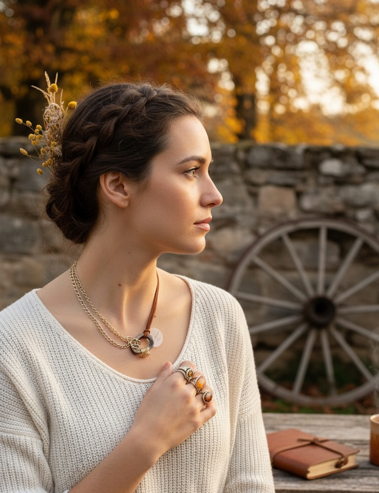 A woman in a cream knit sweater wearing layered gold necklaces and rings, posed outdoors next to a rustic wooden table with a book and mug, with a stone wall and autumn trees in the background.