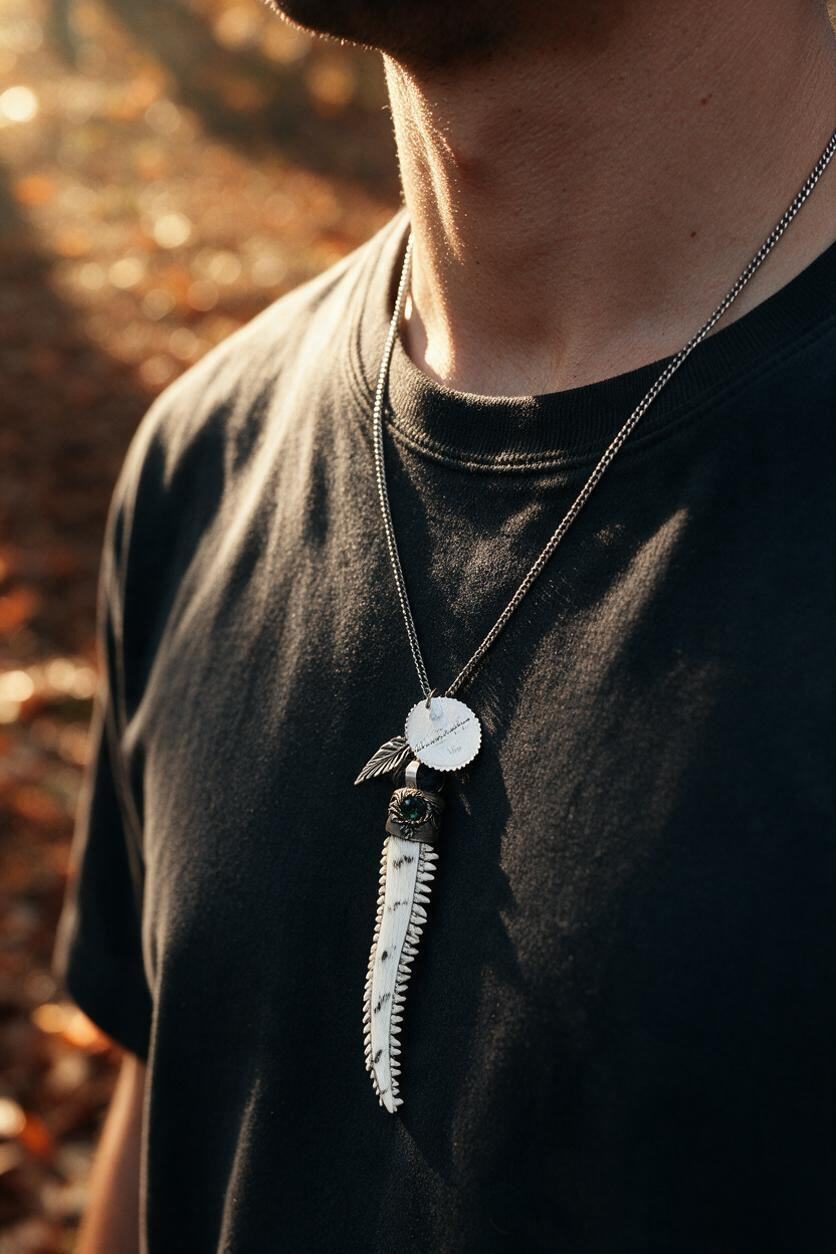 A close-up lifestyle shot of a man wearing a silver-toned chain necklace with a long sawtooth tooth-style pendant, a circular disc charm and feather charm,  styled with a black t-shirt against a warm, blurred outdoor background.
