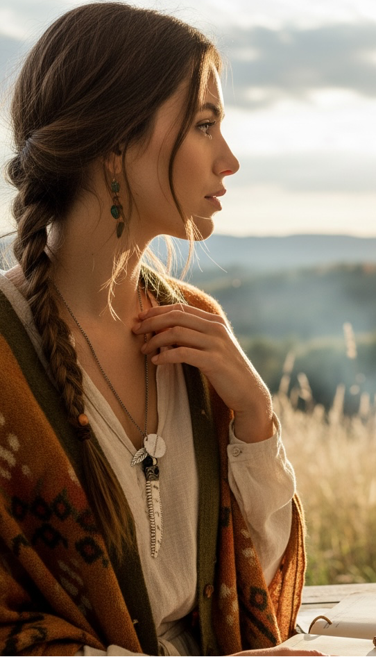 A woman in a rustic outdoor setting, wearing a white tunic and a brown patterned shawl, and a bohemian style necklace and earrings, looking thoughtfully to the side while sitting at a wooden table with an open book and parchment.