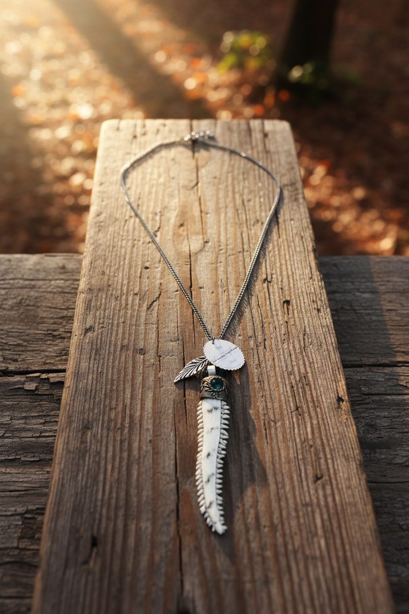 A silver-toned necklace with a sawtooth tooth pendant, feather charm and small circular engraved charm, displayed on a weathered wooden plank outdoors with warm sunlight and blurred foliage in the background.