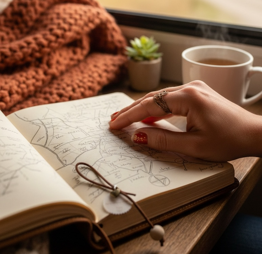 A close-up lifestyle shot of a hand resting on an open vintage-style map journal, wearing a copper filigree ring, with a white mug of tea next to her, alongside a small potted succulent, and a cosy rust-orange knit blanket in the background.