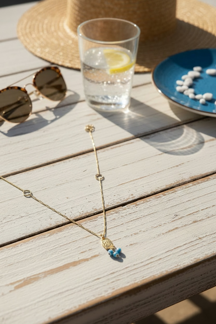 A gold chain necklace with a small gold and blue bead pendant is displayed on a weathered white wooden table, styled with sunglasses, a straw hat, a glass of water with a lemon slice, and a blue plate with white beads.
