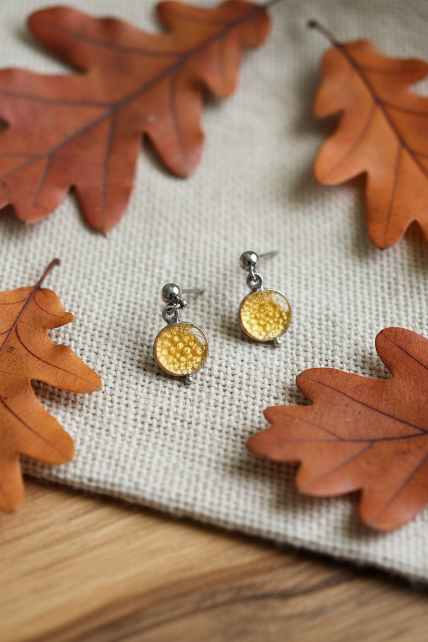 A pair of silver-toned dangle earrings with round kiln-fired yellow pendants, styled on a beige woven fabric with autumn oak leaves on a wooden surface.