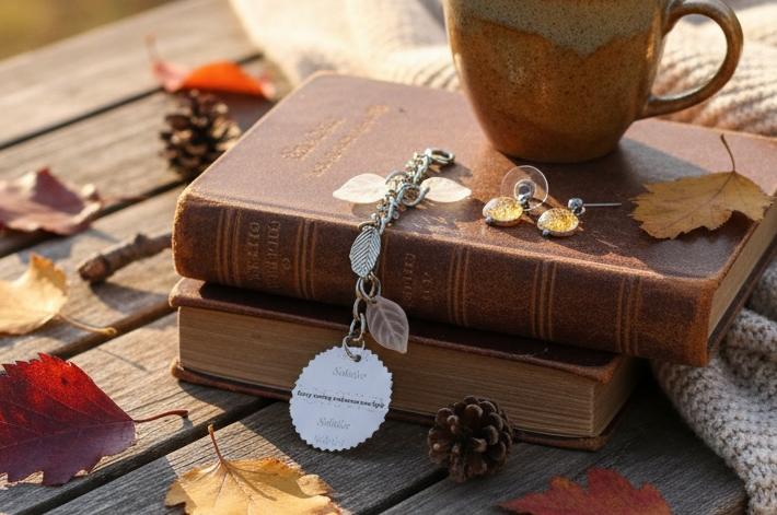 A silver-toned leaf charm hanging keepsake and matching stud earrings with gold-toned accents are displayed on stacked vintage books, with a ceramic mug, autumn leaves, pinecones, and a knitted blanket around them.