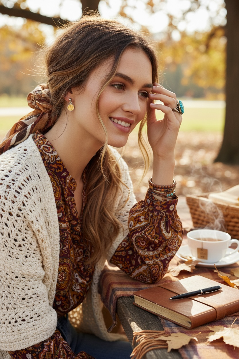 A woman in a cosy outdoor setting, wearing a cream open-knit cardigan over a brown and gold paisley blouse, small silver drop earrings, rings and bracelets. She is seated at a wooden table with a notebook, pen, and a cup of coffee, surrounded by autumn leaves and warm sunlight.