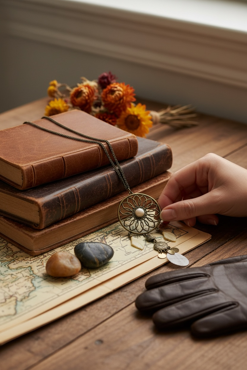 A close-up lifestyle shot of a hand holding a bronze-toned circular pendant necklace with a pearl-like centre, styled on a wooden table with vintage books, dried flowers, a map, stones, and a dark glove.