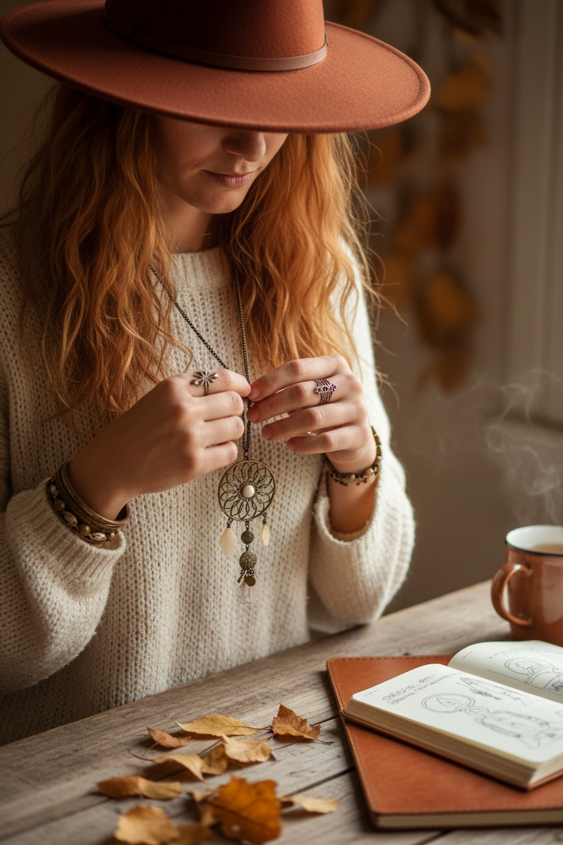 A woman in an orange wide-brim hat and cream knit sweater holds a bohemian dreamcatcher necklace with blush pink beads and a central mandala-style pendant. She is seated at a rustic wooden table with scattered autumn leaves, an open sketchbook, and a steaming mug in a warm, cosy setting.