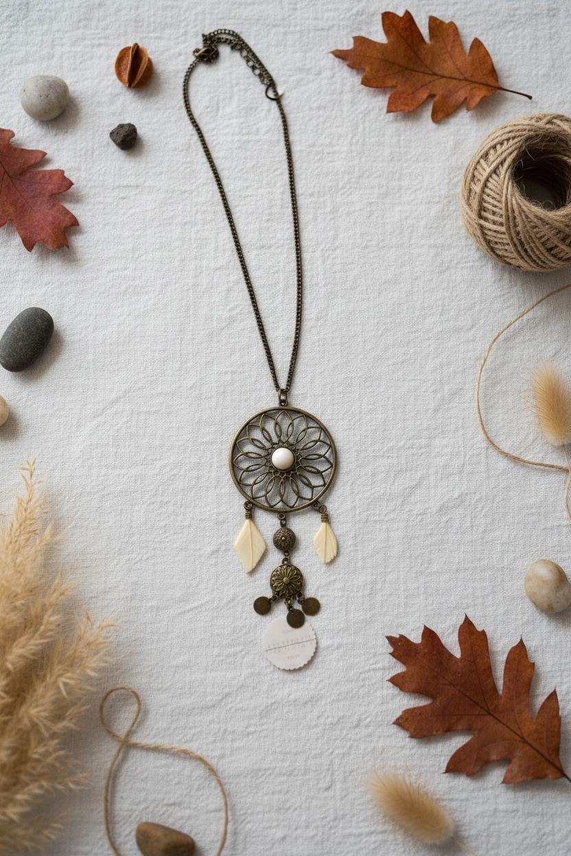 A bohemian-style dreamcatcher necklace with an antique bronze metal frame, a blush pink bead centre, bronze coin charms, and cream-colored dangling feathers, displayed on a textured white fabric background surrounded by autumn leaves, twine, and stones.