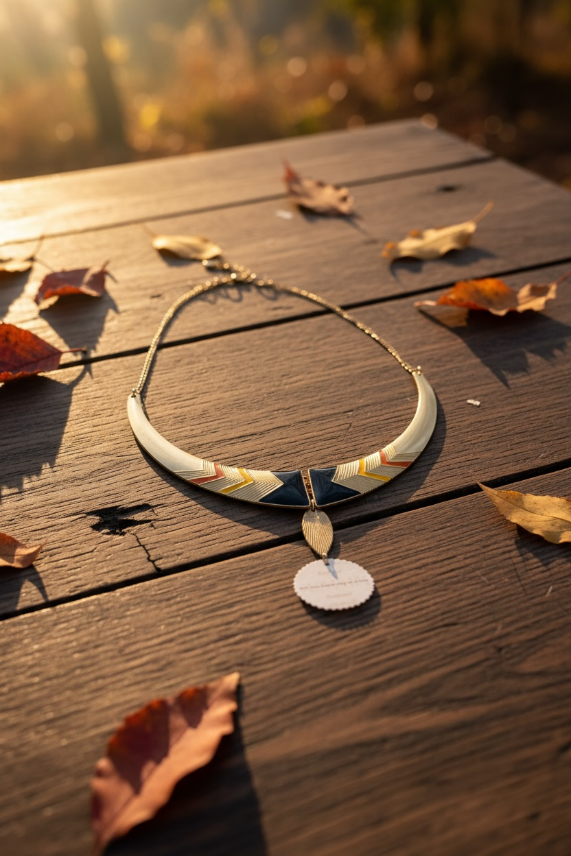 A statement collar necklace with a gold chain, gold-coloured inlay, geometric accents, and a dangling gold leaf pendant, displayed on a wooden table scattered with autumn leaves.