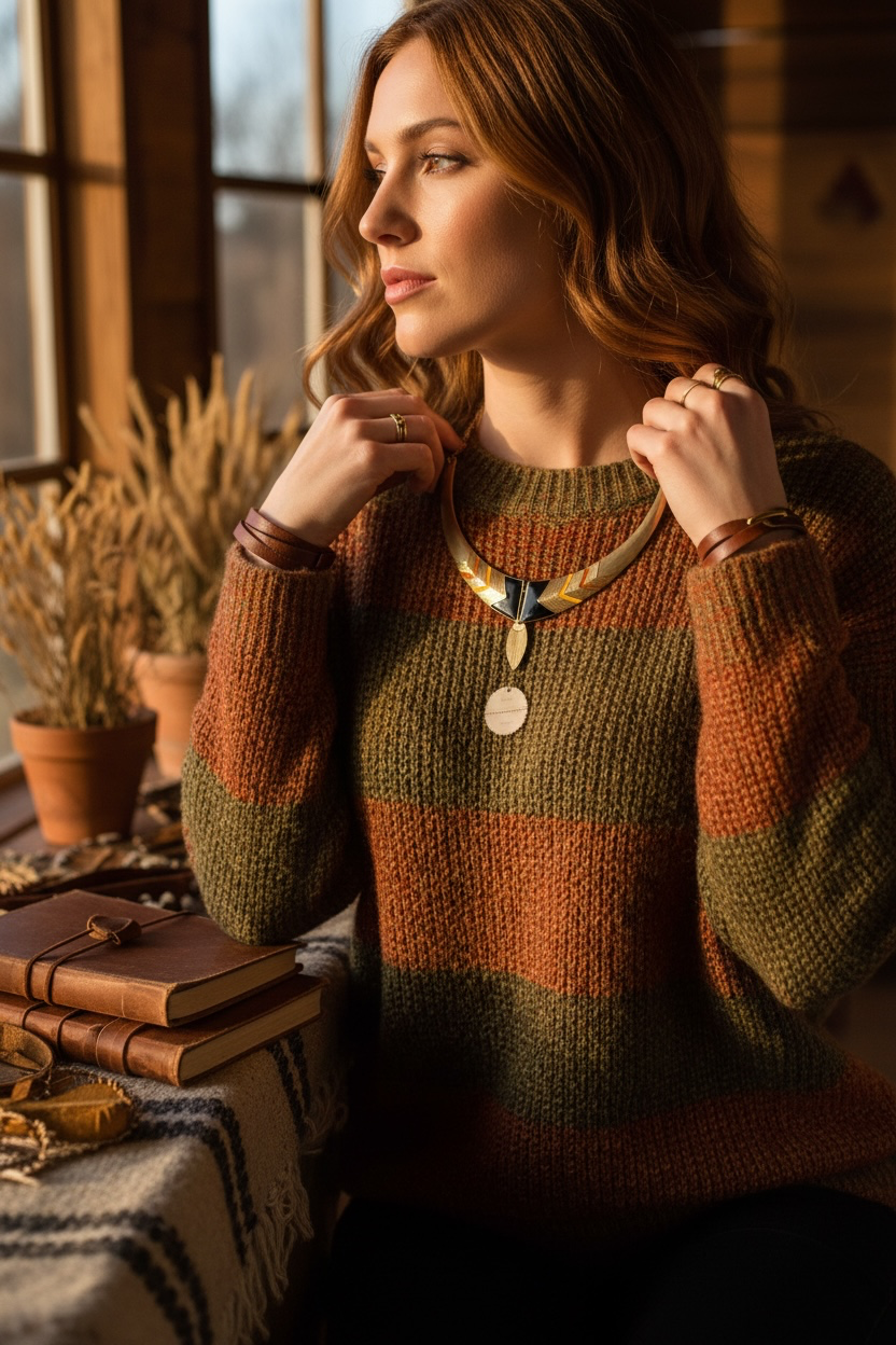 A woman wearing a cosy striped knit sweater in olive green, rust orange, and brown tones, accessorized with a large V-shaped pendant necklace and stacked leather books on a table in a warm, rustic interior.