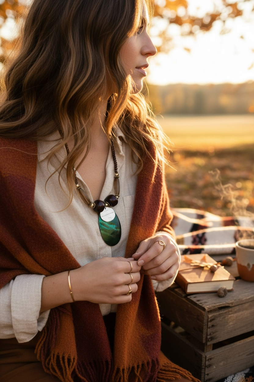 A woman wearing a white shirt and cosy orange scarf wrap, a beaded necklace featuring a variety of colourful large and small beads, as well as gold rings and bracelets, posing in a sunlit autumnal outdoor setting.