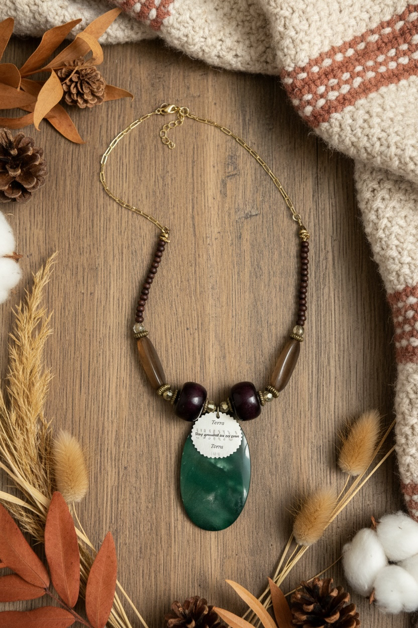 A beaded necklace with chain, featuring a large oval green pendant, dark reddish-brown wooden beads, translucent brown beads, and a circular reminder tag reading 'Stay grounded as you grow', displayed on a wooden background with a cosy blanket and foliage surround.