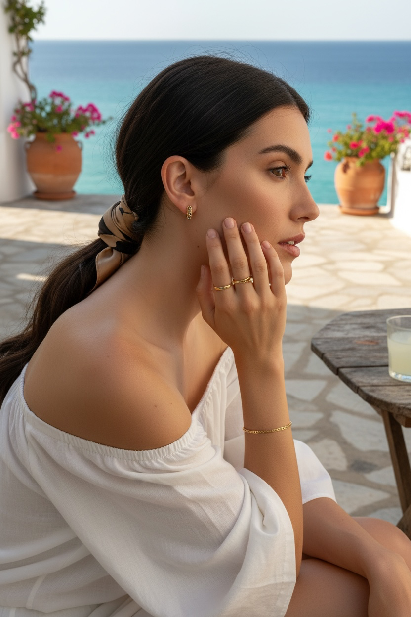 A woman in a white off-the-shoulder top sits outdoors by the sea, wearing delicate gold jewelry including a ring, earrings, and a bracelet.