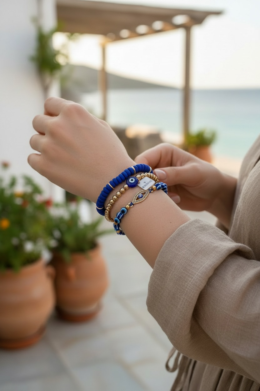 A person wearing stacked bracelets on their wrist, including a blue beaded bracelet, a gold beaded bracelet, and a silver-toned charm bracelet, with a blurred outdoor background featuring potted plants and a patio setting.