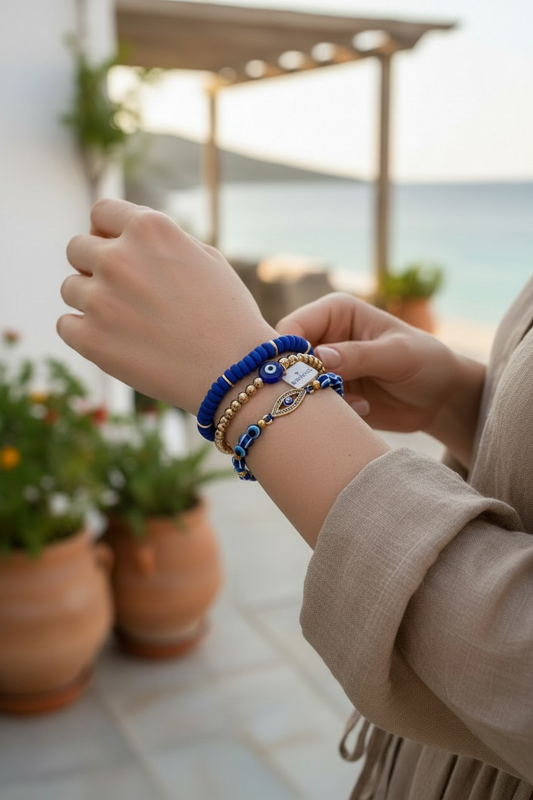 A person wearing stacked bracelets on their wrist, including a blue beaded bracelet, a gold beaded bracelet, and a silver-toned charm bracelet, with a blurred outdoor background featuring potted plants and a patio setting.