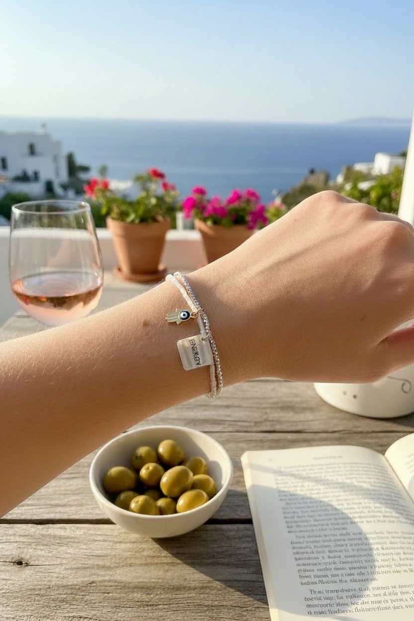 A white beaded bracelet with a small square tag and a tiny blue evil eye charm worn on a person's wrist, shown in a lifestyle setting on a wooden table with a glass of rosé wine, olives, and an open book, with a scenic sea background.