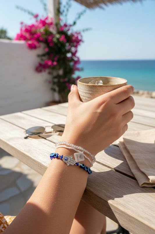 A close-up of a person's hand holding a ceramic cup on a wooden table at a beach, wearing three delicate bracelets: a white beaded bracelet, a white beaded bracelet with a tag charm labelled 'Expand', and a blue beaded bracelet with a silver cubic zirconia encrusted Hamsa hand charm.  