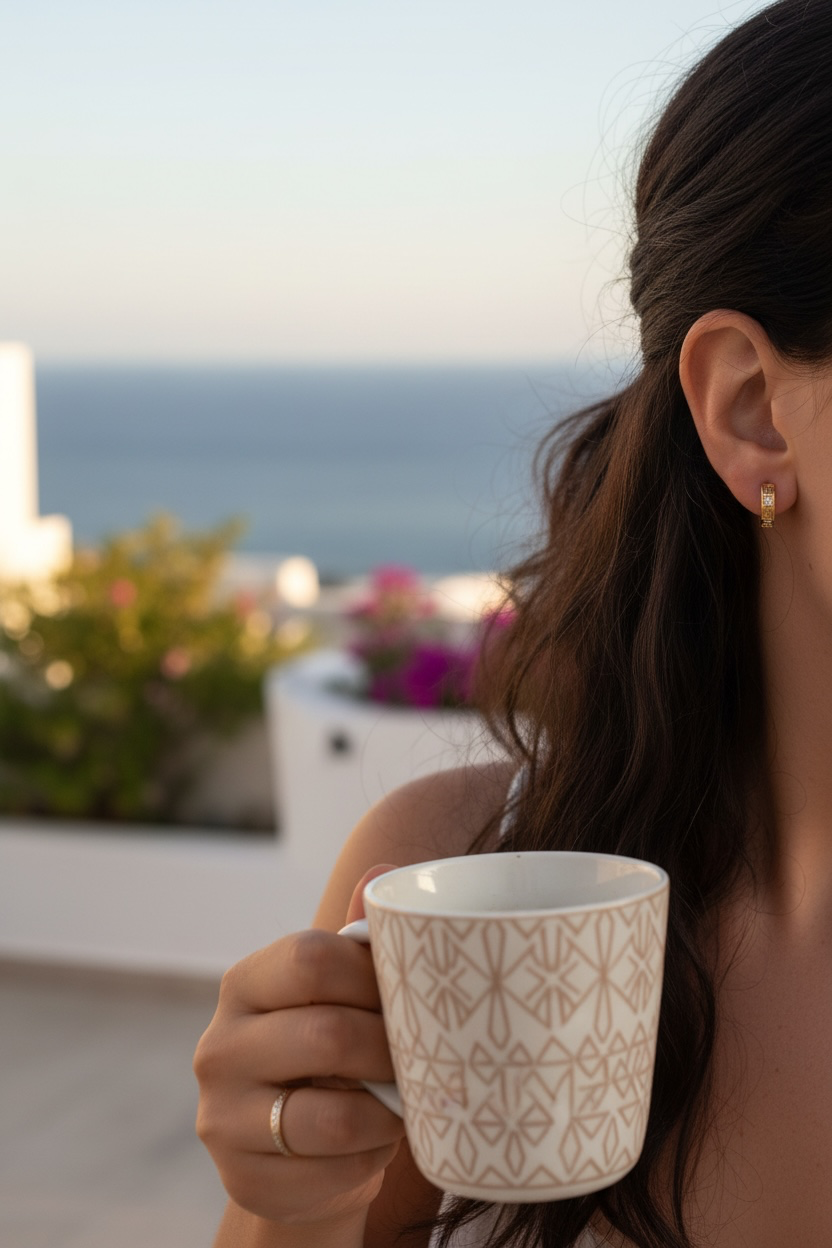 A close-up lifestyle shot of a woman holding a white ceramic coffee mug with a beige geometric pattern, set against a blurred background of a sea view and sky. She is wearing a huggie style hoop earring, featuring cubic zirconia stones and a Greek key pattern.