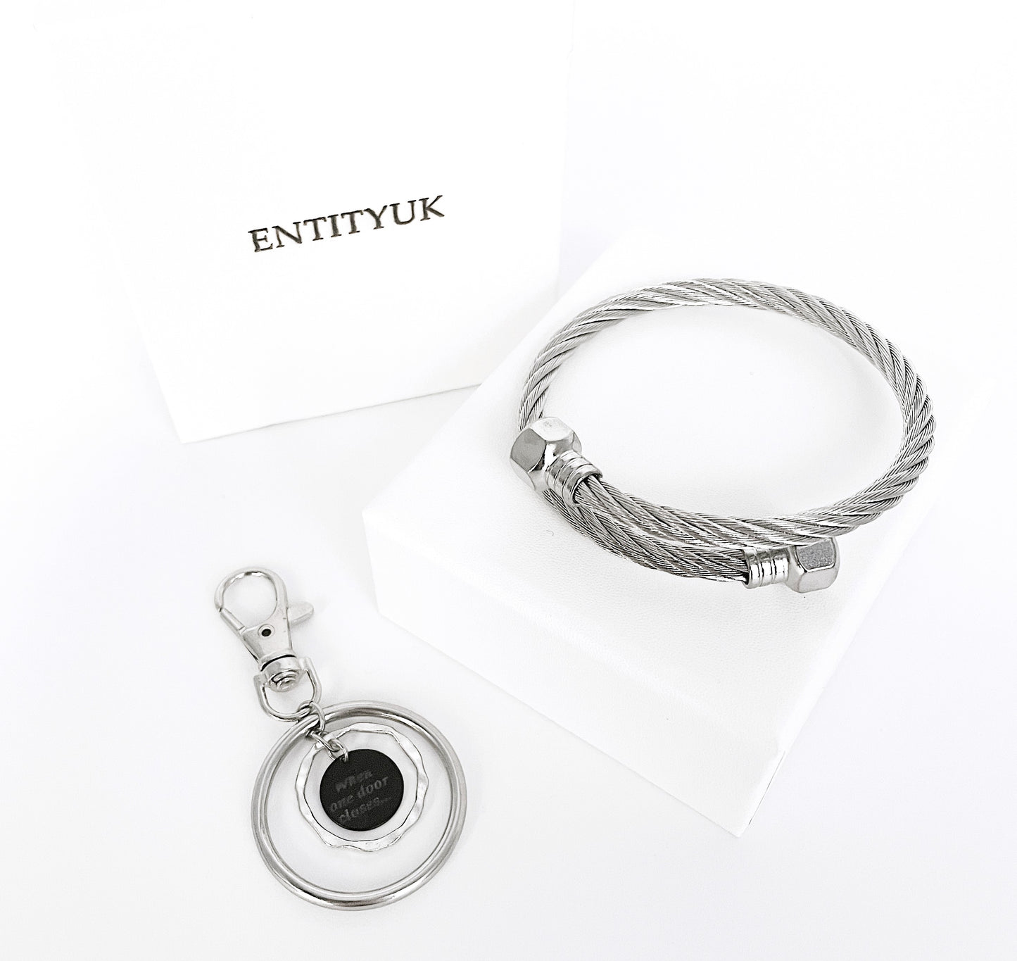 'When One Door Closes' Wrap Bracelet + Keyring Set - Silver